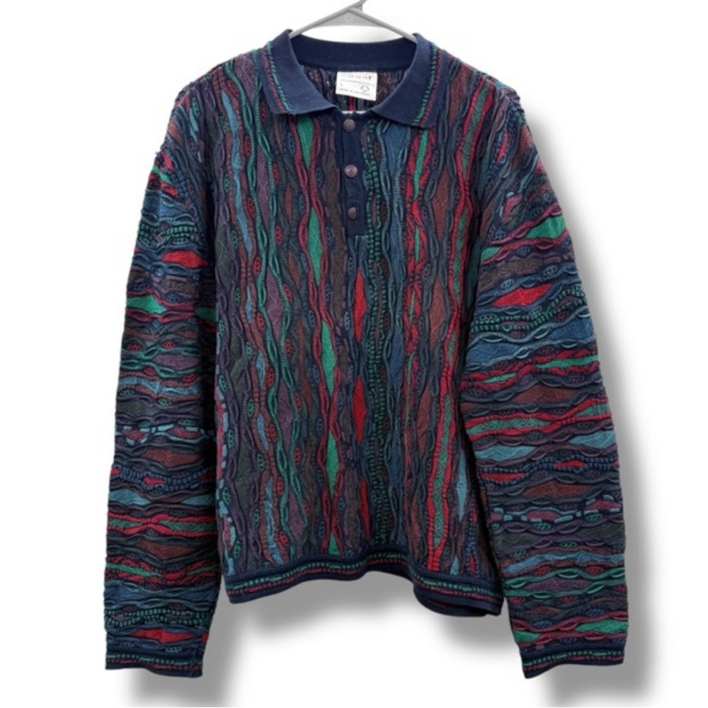 Vintage Coogi 3D Knit Long Sleeve Collared Polo Multicolor Sweater Sz L Men's